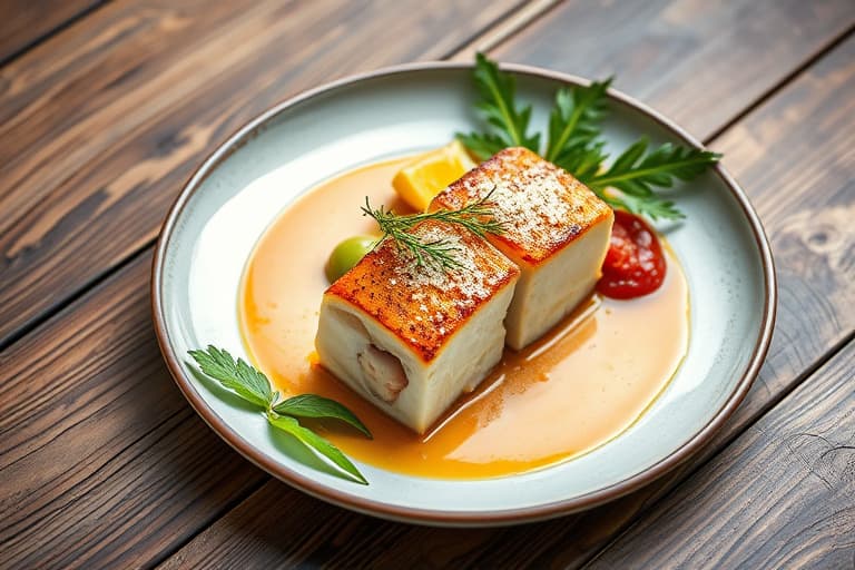 Halibut- og krabbekake-roulade med sitronkremsaus, grønne bønner og trøffelristede poteter