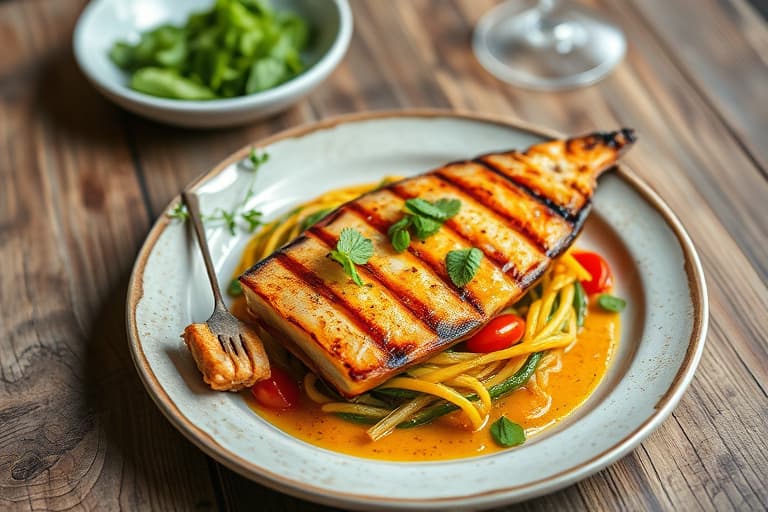 Grillede sjøkrepsspyd med kremet hot pepper- og hvitløksvinaigrette, servert med ristet brødsmuler