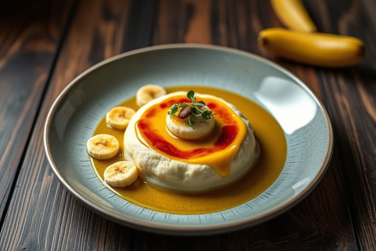 Banan- og avokadomousse med karamellisert rødløkpureé