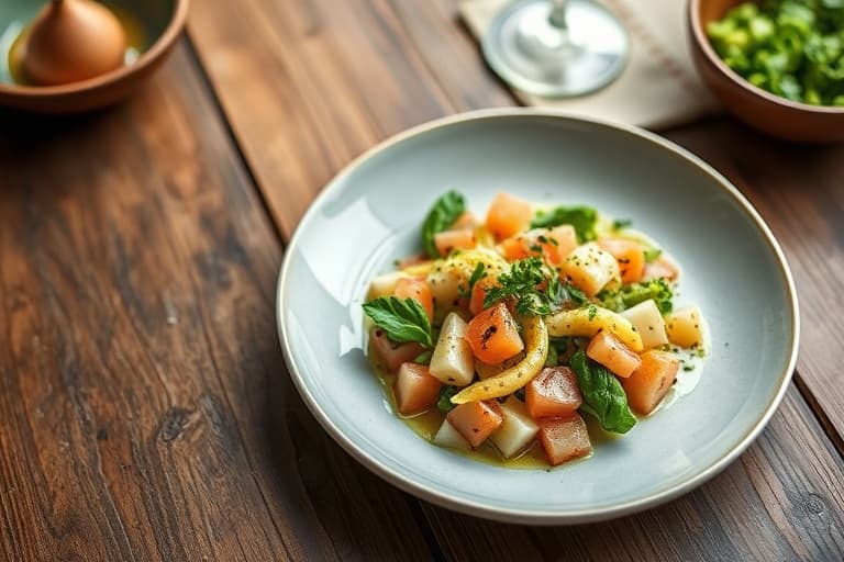 Mesclun-salat med ristet pekannøtter, skårne braiserte artisjokker, vendt i en ovnsbakt sjalottløkvinaigrette
