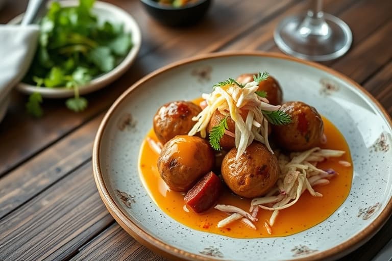 Kylling- og chorizo-albondigas (kjøttboller) med mangobarbuesaus og asiatisk coleslaw