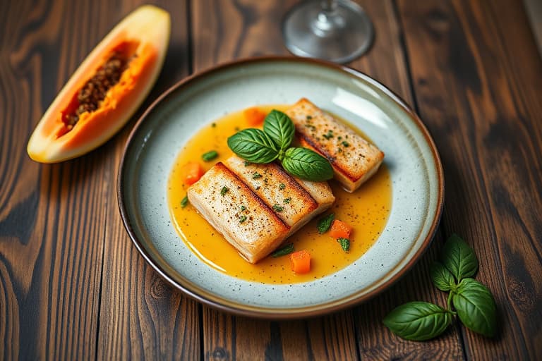 Paillard av laks med ingefær- og sjalottvinaigrette, babygrønt med papaya og basilikum