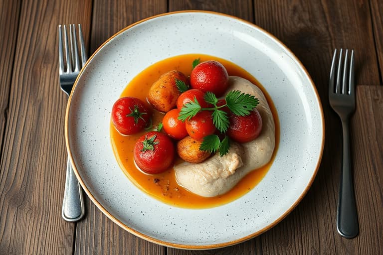 Gulrot- og søtmaisfylte tomater med puré av rosenkål