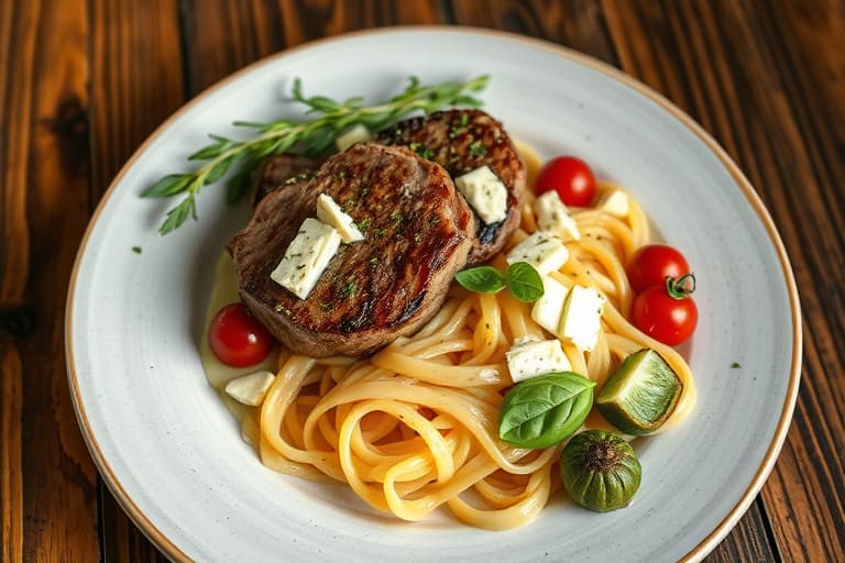 Tenderloinbiffer med Gorgonzola og urter, samt pasta med ovnsbakt hvitløk og drueplommetomater, basilikum og ruccula