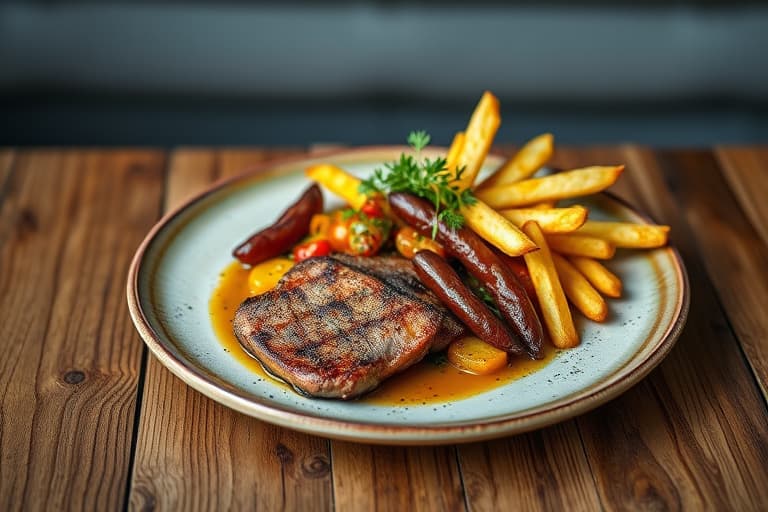 Grillet lammeribbe fra New Zealand med asiatisk ratatouille, pommes frites i skiver og hvitløkssjy med ovnsbakt hvitløk