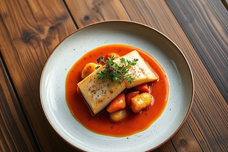 Sprøskinnet Florida-gulfisk, rød linse- og gulkrabbesaus med cassoulet, servert med søt og syrlig tangelo- og cascabel-sirup