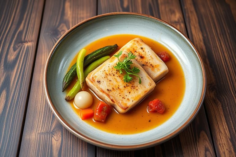 Kylling med fem urter og marinade, servert med ovnsbakt hvitløk – saus av favabønner, sellerirot og potetpuré