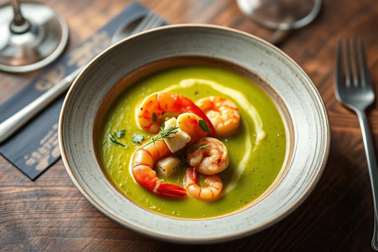 Engelsk: Pea Soup with Lobster, Shrimp and Crabmeat  
Norsk: Ertesuppe med hummer, reker og krabbekjøtt