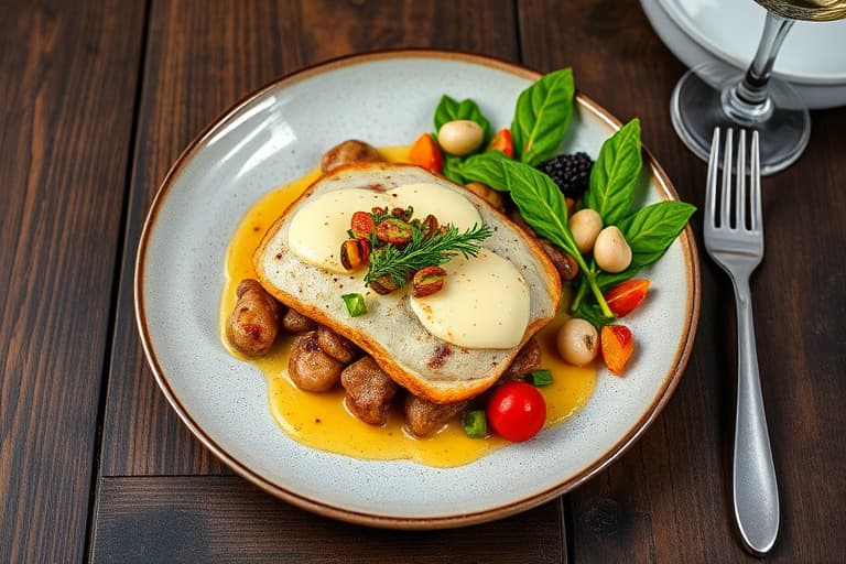 Langtidskokt svinefilet med parmesan og salvie, servert med vannkresse-salat, skiver av pære, geitost og ristet pinjekjerner