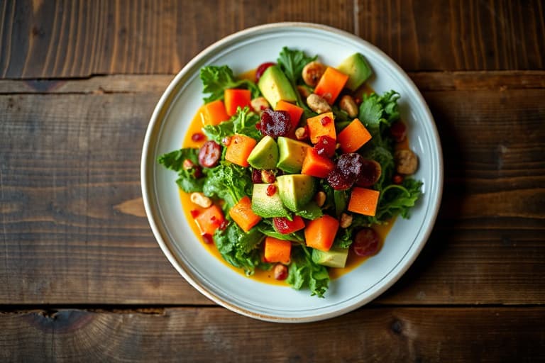 Arugulasalat med avocado, papaya og jicama, servert med granateplesaus og tortillachipskrutonger