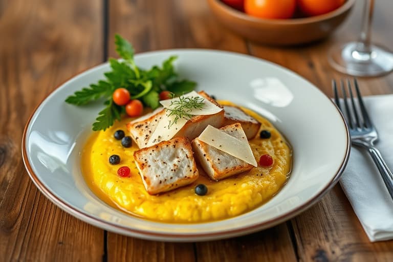 Kylling Chasseur (Jaktstils-kylling) med kremet polenta med Gruyère og Parmesan