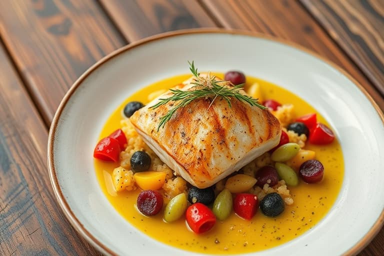 Pekan-omslått katfish med en succotash av smørbønner, gul mais, svart ris og fersk spinat