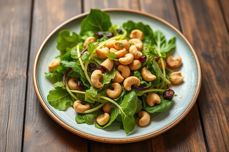 Spinat-, pære- og frisée-salat med krydrede cashewnøtter