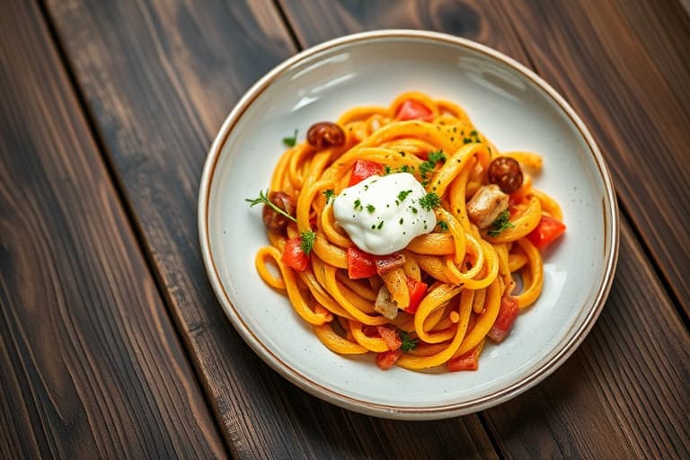 Makaronisalat med frukt og crème fraîche