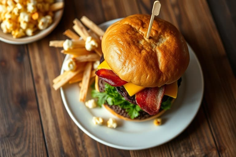 5-ingrediens baconburgere med cheddar og rødløk, servert med parmesanpopcorn og svarte øynebønner