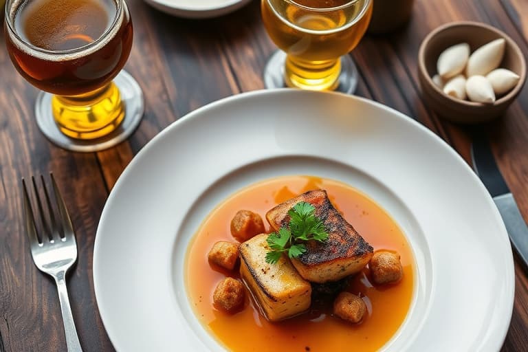 Pannestekt laks med hvit bønne- og ancho-chili-broth, koriandertapenade og ovnsbakte sjalottløk, servert med sautert grønnkål