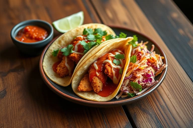 Yucatán-kyllingtacos med puffet skorpe, peanøtt- og rød chili BBQ-saus, samt rødkålsslaw