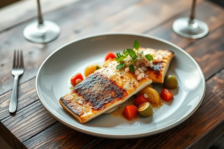 Trout Grenoblaise med Tian av zucchini, tomater og poteter, servert med blandet grønn salat