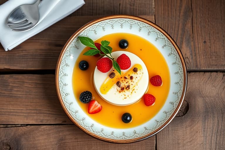 Sitrus-vanilje panna cotta på en havregranolabunn med tørket frukt og eplekompott
