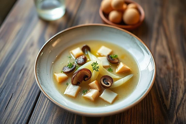Daikon-suppe med shiitake-cigaretter og dampede søtpoteter med vårløk-vinaigrette