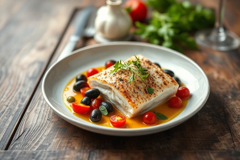 Grillet stripet bass med blomkål og tomater, caperberries og svarte oliven, servert med persillesalat