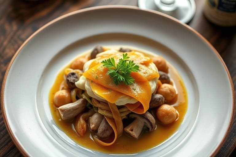 Kremete Kentucky-maisgrøt toppet med en ragout av lokale shiitakesopp og timian, pyntet med Kenny's gouda og sprøstekte purre.