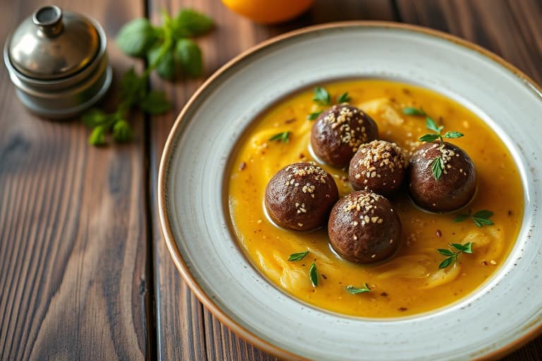 Klebrige riskuler med sesamfrø og sjokoladeballer i en sitrongress-suppe, samt mandel- og sesamfrø-trøfler