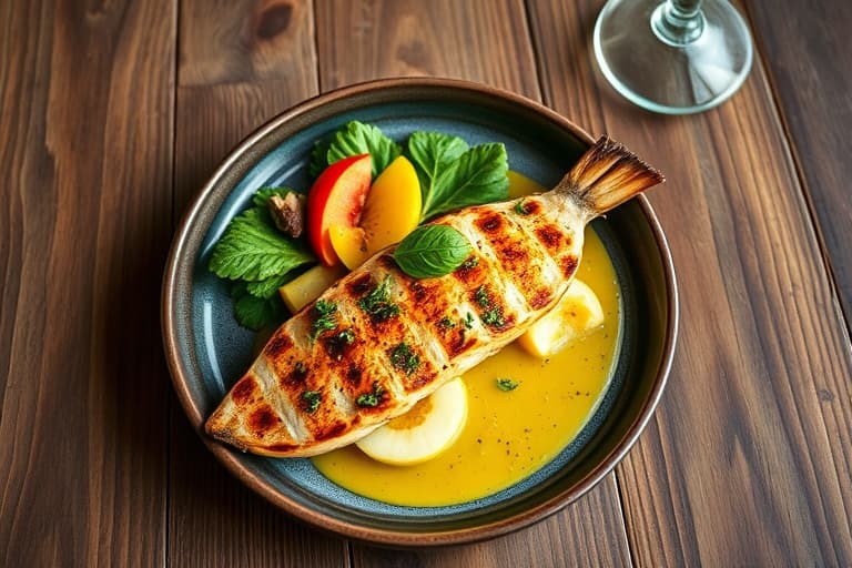 Yucatán-marineret kveite grillet i bananblader med appelsin- og ananasrelish