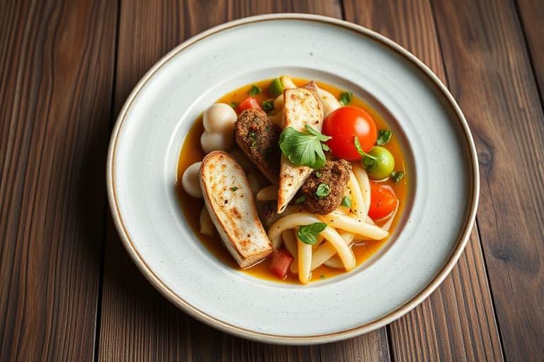 Hvitløkspuré med potetmos, pizza med ruccola og fennikelsalat