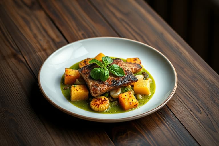 Indrefilet av storfe med basilikumkrem, vannmelon- og basilsalat, samt grillede plantains