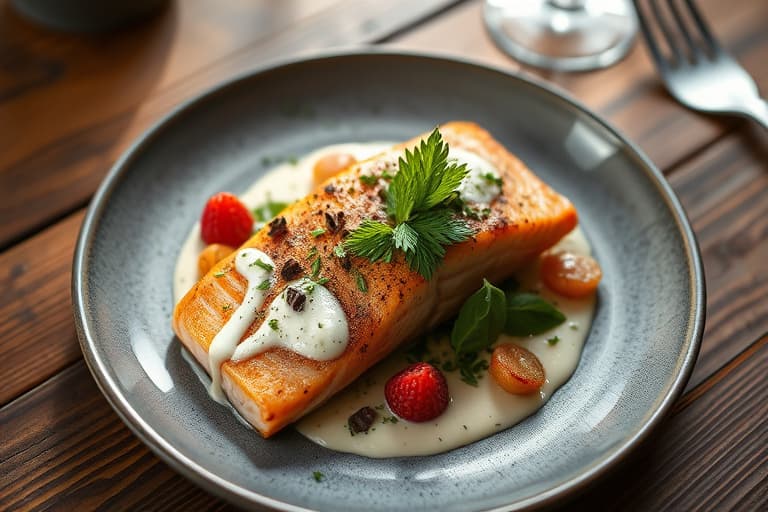 Poached Filet of Salmon with Herb Mayonnaise  
Poached Filet av laks med urtemajones