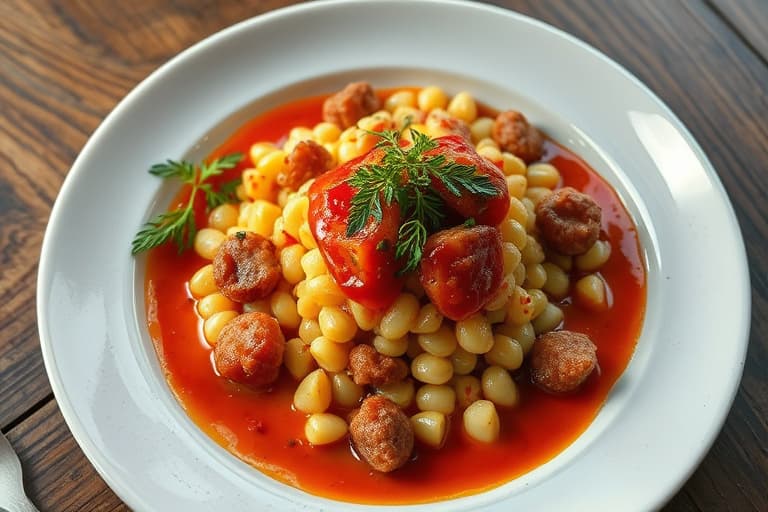 Andelår av and med mais og små smørbønner i succotash, servert med røkt tomatketchup