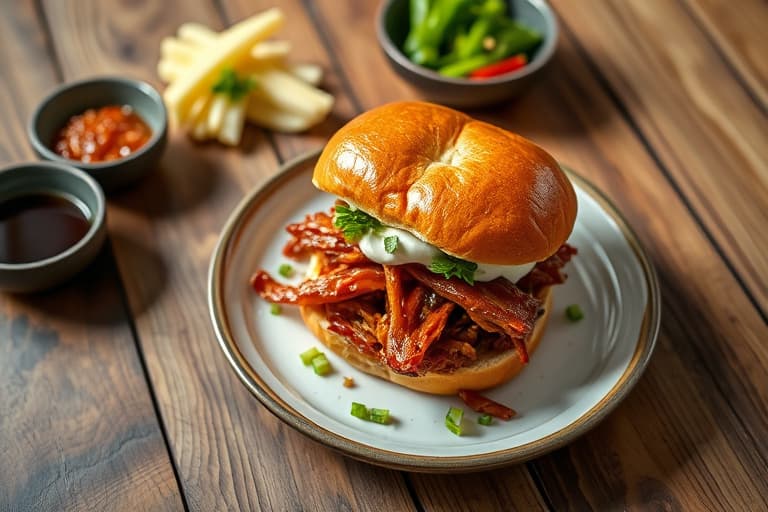 Caja China-ristet "Peking" "Pekin" pulled duck-slidere med BBQ-krème fraiche og syltegrillet grønne løk