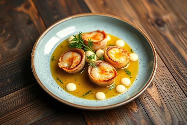 Stekte sjøscallops med eksotiske sopp, potetmousseline, foie gras-smør og trøffelvinaigrette
