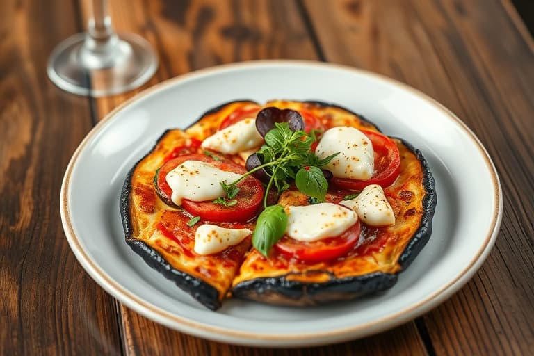 Grillet portobellopizza med geitost og grønn saus, samt tusenlags auberginenapoleon med fettfri tomatvinaigrette