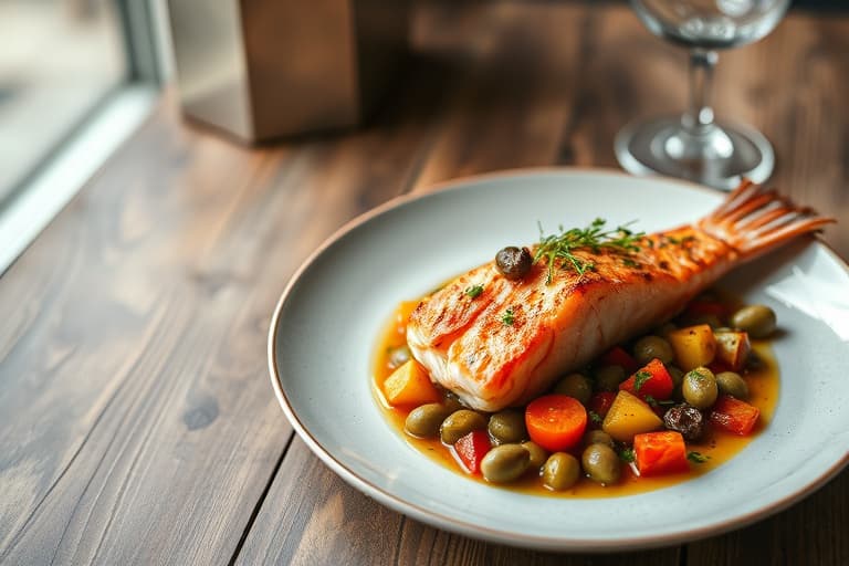 Klar Rød Snapper med ratatouille av poteter, løk, artisjokker og grønne oliven, servert med Sauce Vierge