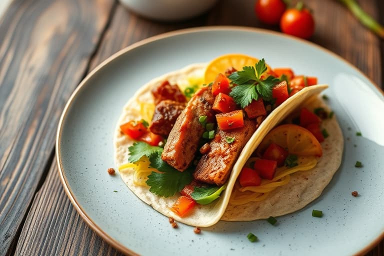 Grillet hvit mais-taco med BBQ-svinefilet, ovnsbakte røde Bliss-poteter og tomatillo- og rødpepper-relish