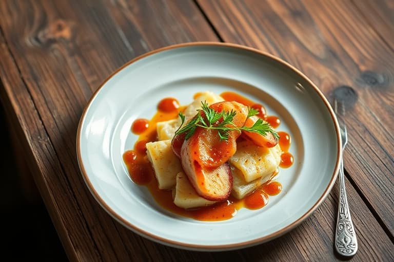 Hele dagens stekte svinekjøtt, krydret eplechutney, moste sitrus-søtpoteter, sautert kålrot