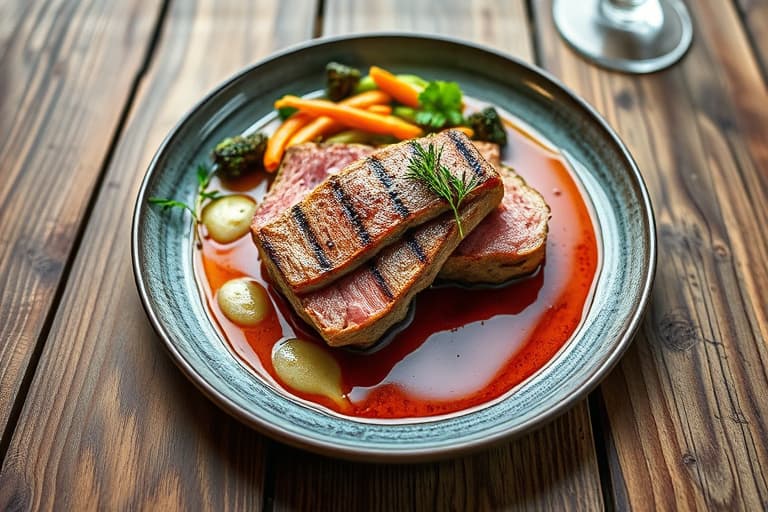 Pannestekt laks med asparges- og sitron-salat, rødvinsreduksjon og vannkressepuré