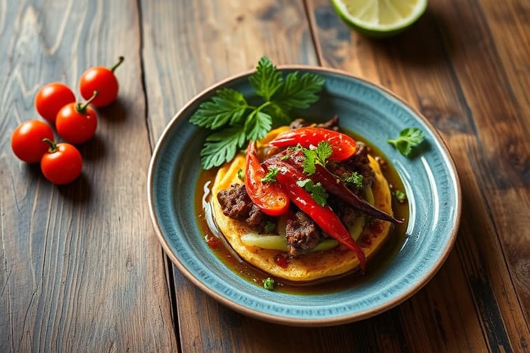 Reker marinert i tequila-lime og svartbønne-annonato-amaranth med søt rød peppersmør og ovnsbakt poblano-krem