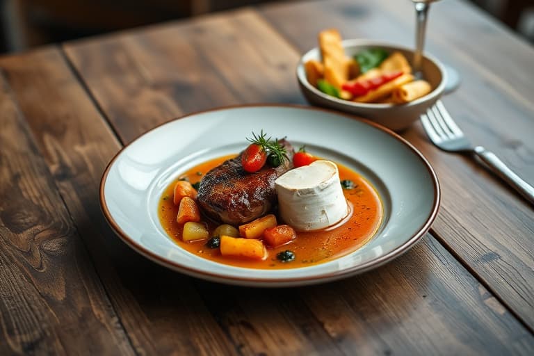 Balsamico-marinerte roastbiff, potetmos, sauterte sopp, bakt camembert med urtel olje