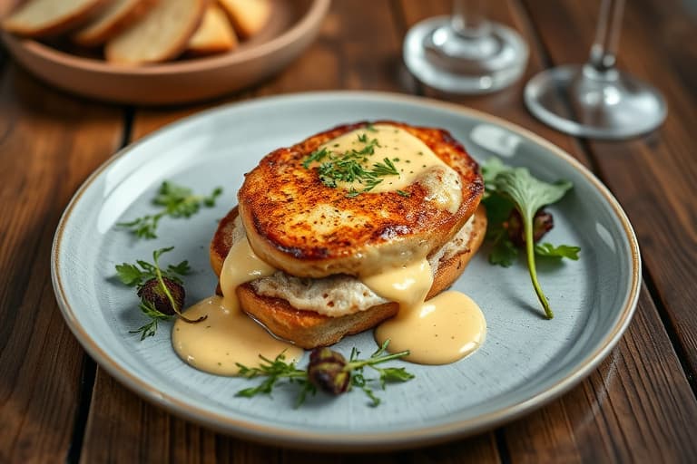 Almondeskorpet Croque Monsieur med engelsk tebéchamelsaus