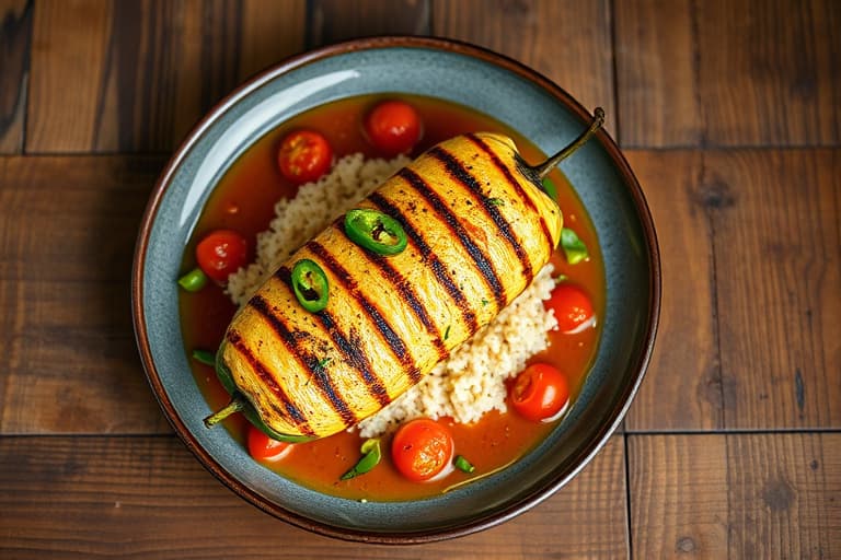Grillede fylte jalapeñopepper med grillede røde paprika- og tomatsaus