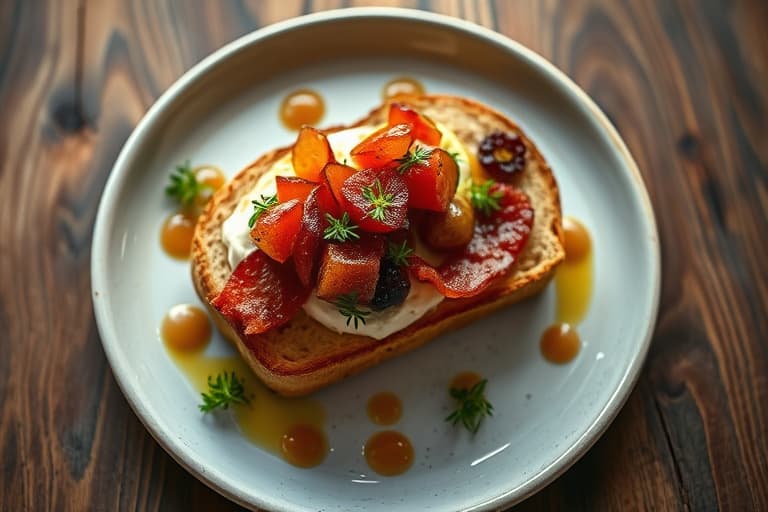 Sprø vanilje- og mandelfransk toast med elegant frukt-topping, søt og røykfylt bacon