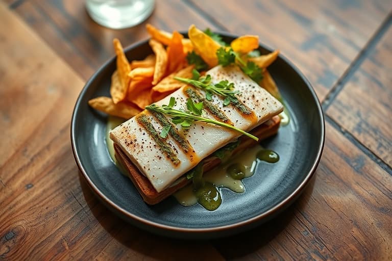 Sake-pochert laks med somen og fennikelsalat, wasabi og rester: Laksesandwich med tarochips