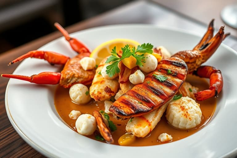 Super myke skjellkrappe krabber, østers innpakket i Bayou-bacon, Louisiana-grillede østers, grillede Gulf-reker på spyd