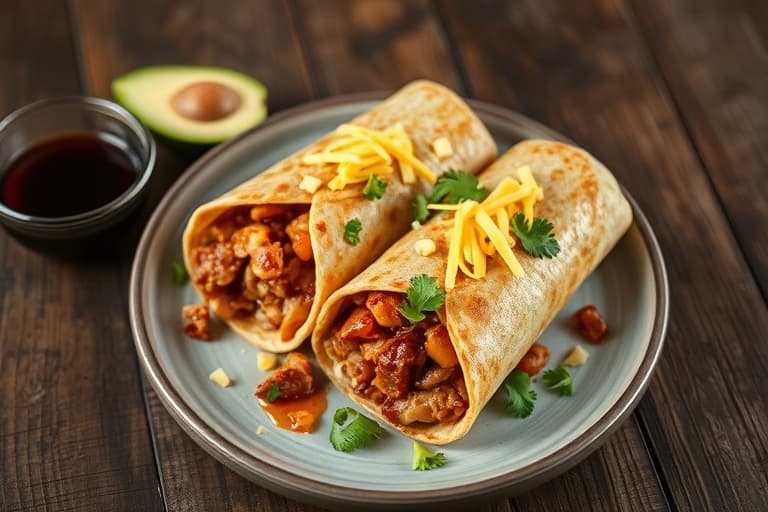 Tequila- og appelsinmarinerte BBQ-kyllingburritos med skarp cheddar, bakte bønner og rødkål