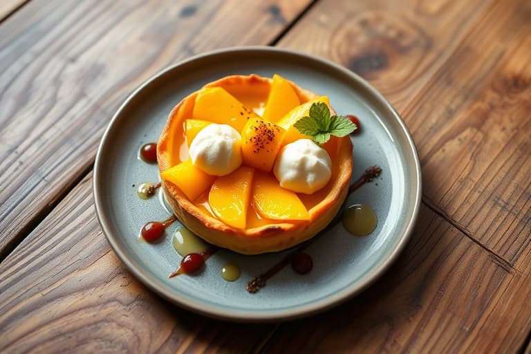 Varm mango-tarte tatin på kokos-meringue med papay sorbet, mandarinsirup med honning, og ovnsbakte krydrede ananaschips