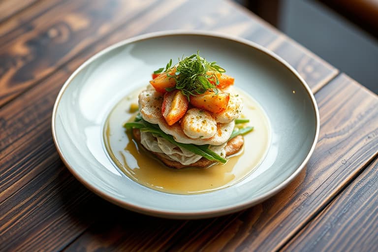 California Crab Stack på japansk syltet agurksalat med mache, servert med tarragon Dijon-dressing