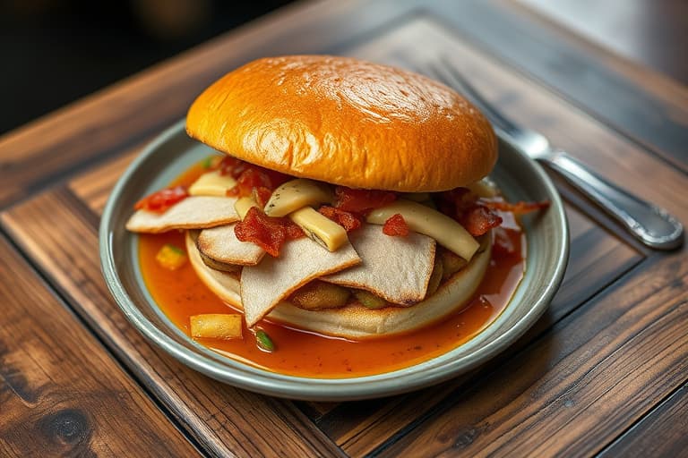 For en ansikt! Åpne face hot turkey Sammys med pølsestuffing og saus, knuste poteter med bacon, varm eple- og tranebærsaus